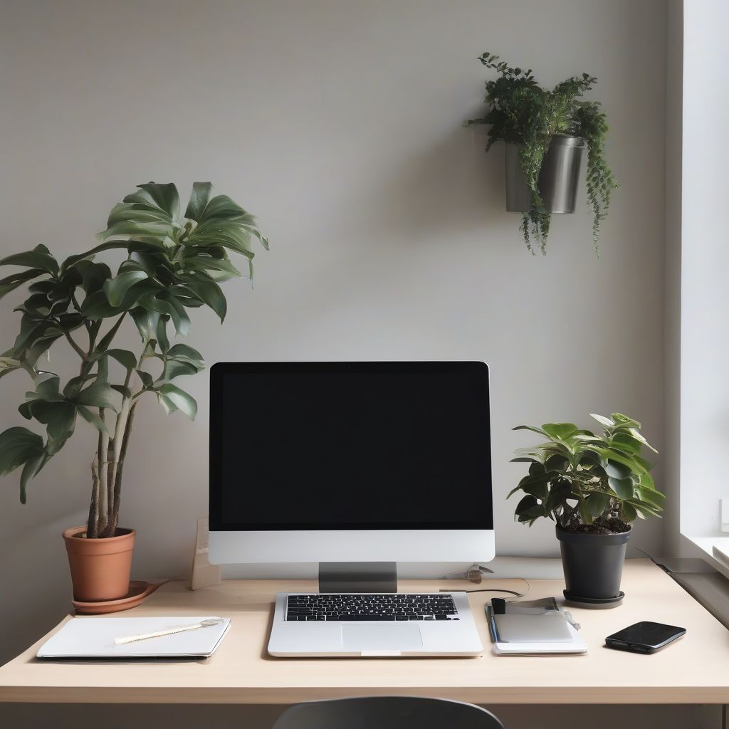 Organized Workspace with Laptop and Plants